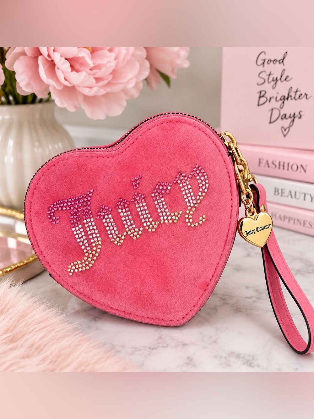 Juicy Couture Hot Pink Heart Wristlet with Crystal 'Juicy' Logo